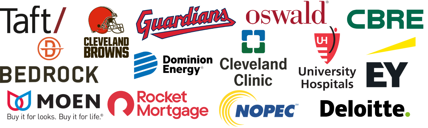 Cleveland Espresso client logos including Cleveland Browns, Cleveland Guardians, Bedrock, Rocket Mortgage, Oswald, CBRE, Cleveland Clinic, University Hospitals, EY, Taft, MOEN, NOPEC